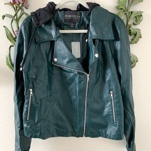 Faux Leather Utility Jacket - Dark Green